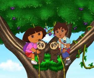пазл Дора и двоюродный брат Диего в дерево две маленькие медведи помогают